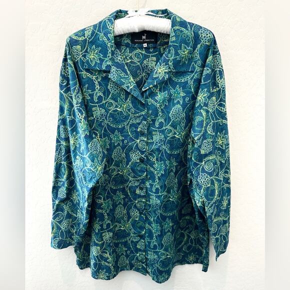 PERUVIAN CONNECTION Teal Floral Pima Cotton Shirt Button Down Top | Size Medium - Picture 1 of 7